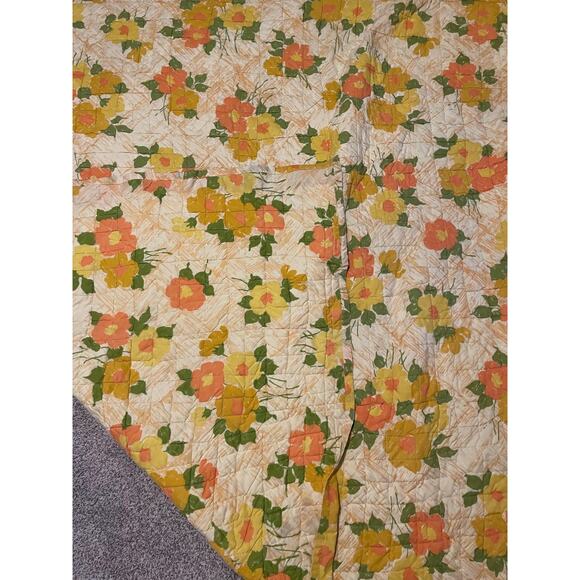 Vintage Floral Quilt Throw Blanket Orange Yellow Flowers Mod Cottagecore MCM 70s - Picture 5 of 9